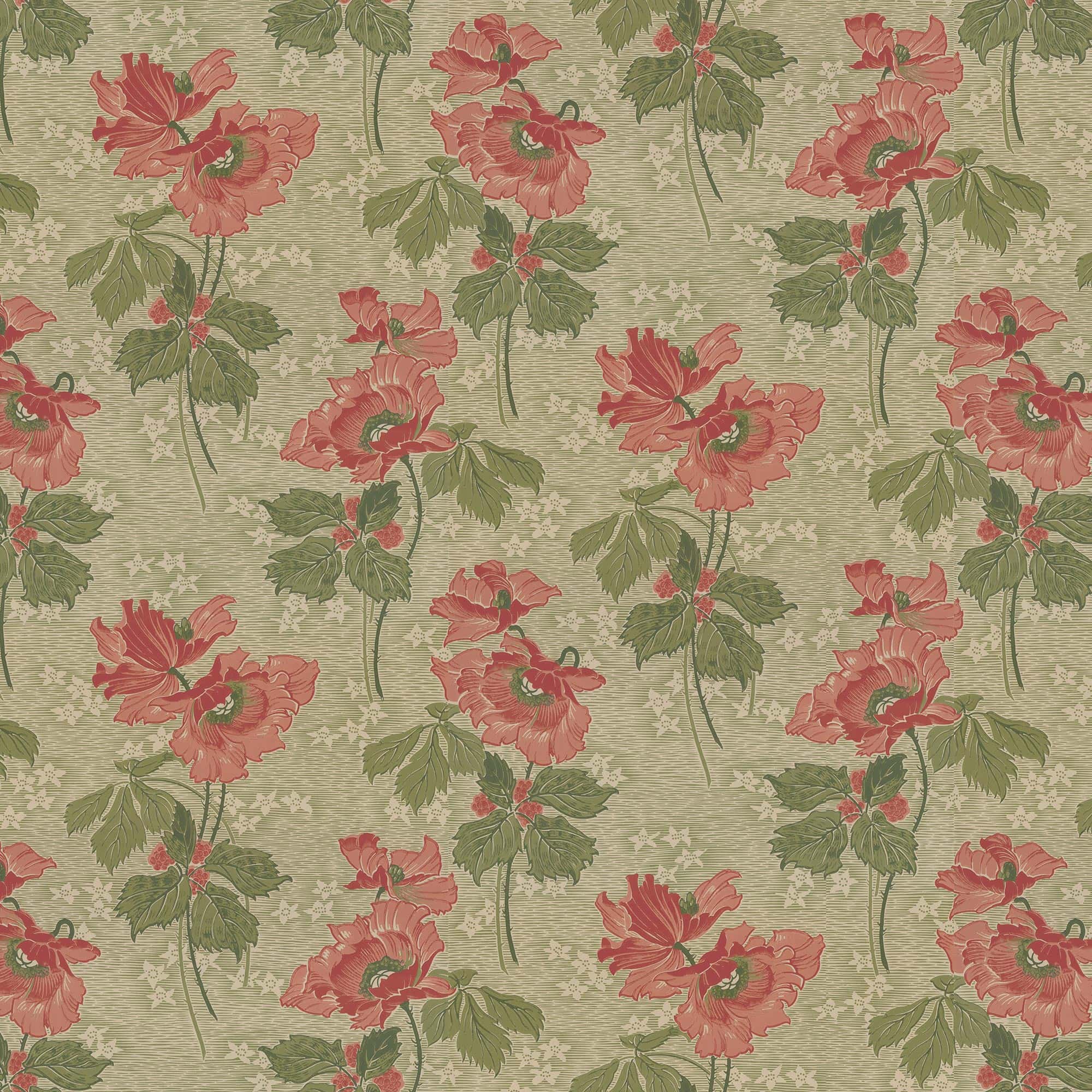 alt="Vallmo papperstapet i grön och röd färgskala från Lim & Handtryck"